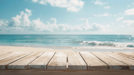 Fototapeta premium Serene Beach View with Wooden Deck - Generative AI