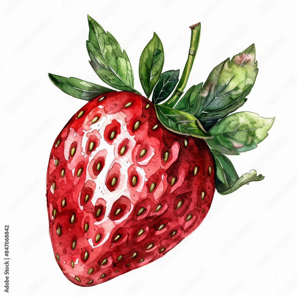 Sticker vibrant watercolor strawberry with lush green leaves summer essence on white background