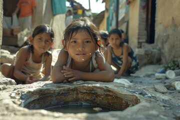 Portrait of unknowns Nepali children playing in the street of Kathmandu in the afternoon