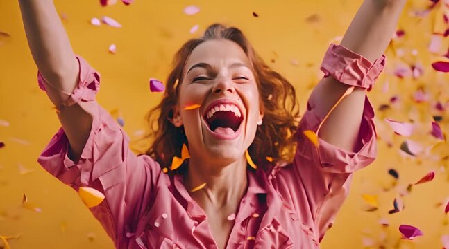 Excited Woman Celebrating Big Win Showered In Tinsel Confetti On Yellow Background