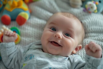 Close-Up of Happy Baby with Bright Eyes Lying on Soft Blanket Surrounded by Colorful Toys
