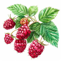 Vibrant Red Raspberry with Fresh Green Leaves, Watercolor Illustration on White Background