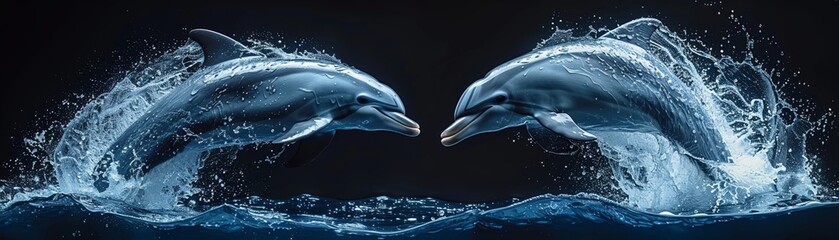 Two dolphins spray leaps from the deep blue water, a lone dolphin breaching the surface
