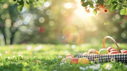 A cheerful summer background featuring a picnic scene in a park, lush green grass, checkered picnic blanket with basket, fresh fruits, and flowers, bright sunshine and clear sky,