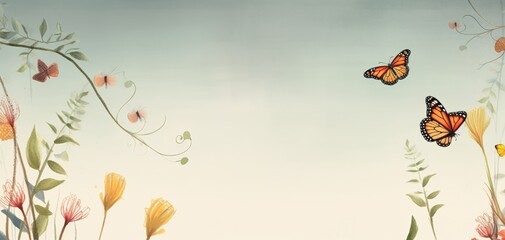 Fototapeta premium Beautiful spring scene with vibrant flowers and butterflies in a serene, pastel background. Ideal for nature themes and designs.