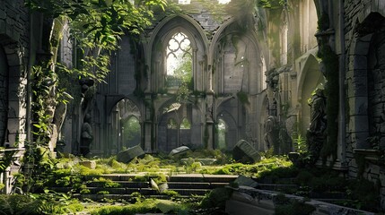 Ancient Jungle-Medieval-Ruin Interior. AI generated art illustration.