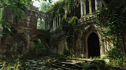Naklejka premium Ancient Jungle-Medieval-Ruin Interior. AI generated art illustration.