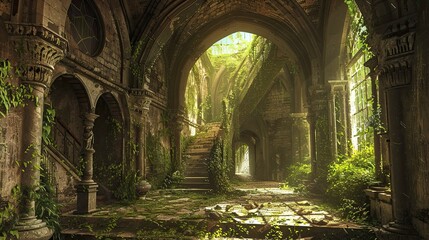 Obraz premium Ancient Jungle-Medieval-Ruin Interior. AI generated art illustration.