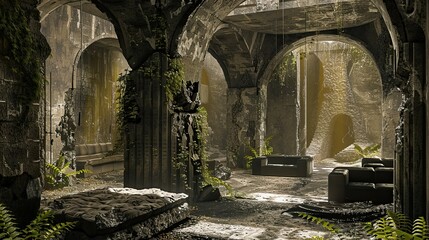 Naklejka premium Ancient Jungle-Medieval-Ruin Interior. AI generated art illustration.