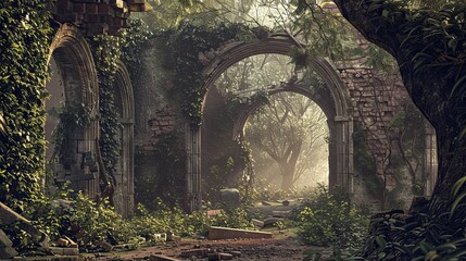 Naklejka premium Ancient Jungle-Medieval-Ruin Interior. AI generated art illustration.