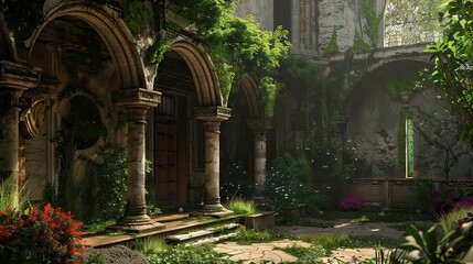 Fototapeta premium Ancient Jungle-Medieval-Ruin Interior. AI generated art illustration.