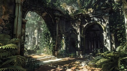 Fototapeta premium Ancient Jungle-Medieval-Ruin Interior. AI generated art illustration.