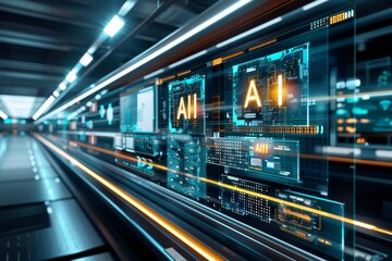 AI neon signs in a high tech tunnel, illustrating the presence of artificial intelligence in digital infrastructure