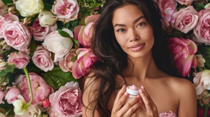 A woman with long dark hair smiles as she holds a jar of cream, surrounded by pink roses and greenery.