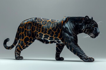 Fototapeta premium A spotted wild cat (leopard) prowls at night, its fur blending into the darkness on white background