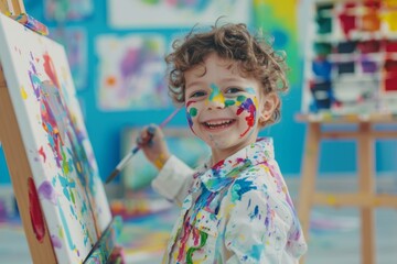 Child Artist Creating a Colorful Masterpiece in a Vibrant Art Room - Ideal for Creativity and Art Education Promotions