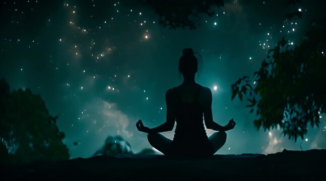 In the nighttime, a silhouette of an outdoors yoga practitioner is practicing