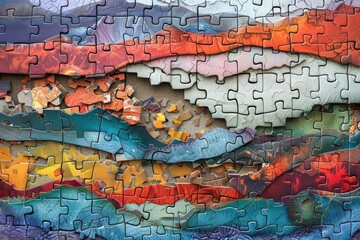 Fototapeta premium Colorful abstract puzzle with textured layers and vibrant shades, creating a visually engaging and intricate artistic piece.