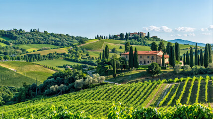domaine viticole sur une colline vallonn&eacute;e avec vignes et cypr&egrave;s 