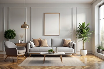 Fototapeta premium Vertical blank poster frame mock up in minimalist modern living room interior background, grey sofa , grey wall, plants. 3d