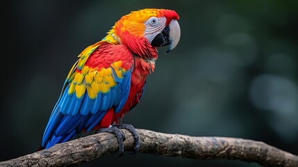 Fototapeta premium Vibrant macaw perched minimal clean background bright studio lighting showcasing the colorful plumage and strong beak