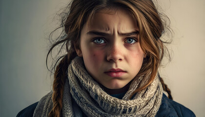 angry child wrapped in a scarf