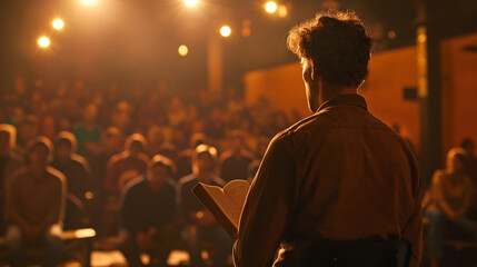 Fototapeta premium Poet reading to a small audience, engaged listeners and soft lighting, upper third copy space