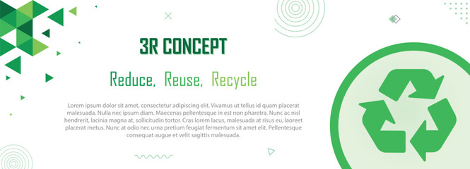 3R concept banner, geometric abstract pattern design, reduce, reuse, recycle, save the earth and nature, go green, eco friendly, waste management, environment sustainability, copy space for text