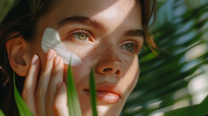 A woman applies face cream to her cheek while surrounded by lush greenery. The image captures a moment of self-care in a natural setting.