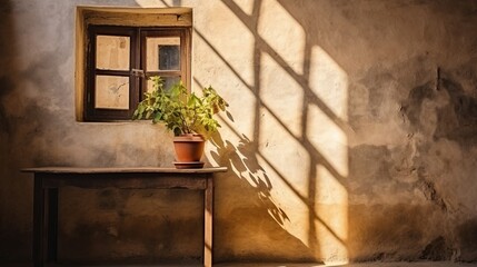 Sunlight filtering through, casting window frame shadow on weathered aged plastered wall