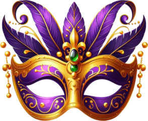 A luxurious purple and gold masquerade mask with intricate details and feathers.