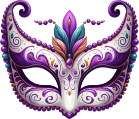 A purple and white masquerade mask with ornate details and feathers.