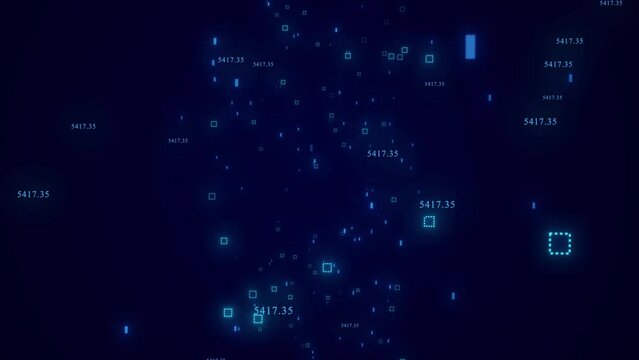 Camera Rotate And Towards To The Digital Data Technology Cyber Space Background. Digital Cyber Data Floating In Space Random Number Floating And Plexus Network Are Also Floating .glowing High Tech Com