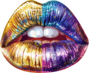Close-up of colorful, glittery lips with a slightly parted mouth, revealing pearly white teeth.