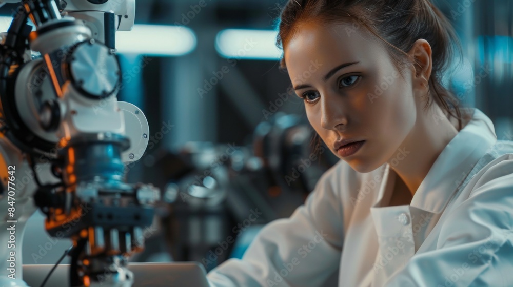 Aufkleber a woman is working on a robot in a lab