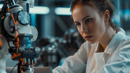 A woman is working on a robot in a lab