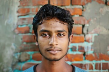 Young man with dark hair and eyes standing in front of a weathered brick wall