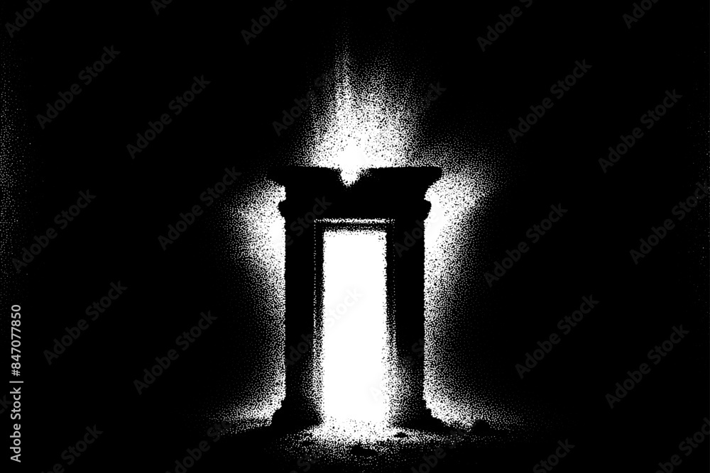 Aufkleber ancient ruins in sci-fi scene with dotwork retro style. mysterious gate debris with dramatic lights 