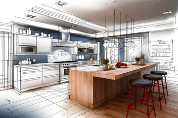 Kitchen design and architecture. Creative modern kitchen interior sketch. Design and architecture concept. 3D Rendering