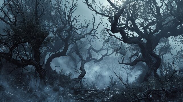 Spooky gnarled black trees in an eerie sylvan realm with enigmatic pagan spirits floating amid contorted branches and misty shroud.