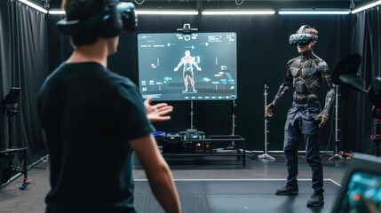 A man wearing a VR headset stands in a motion capture studio, interacting with technology that captures his movements.