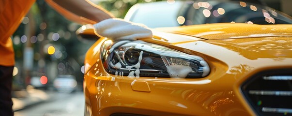 Obraz premium Car mechanic is cleaning modern car, wash car service banner. Generative Ai.