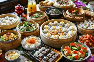 Gathering around table, enjoying variety of delicious asian dishes