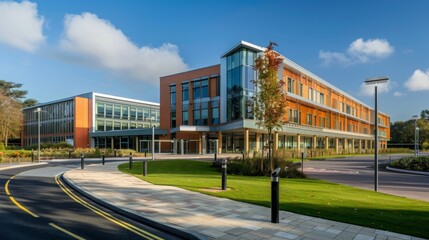 Modern hospital facade featuring universal accessibility and optimal visual clarity.