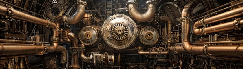 Intricate piping and gears in a Victorian-era steam engine chamber.