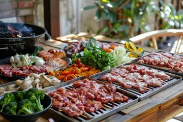 Obraz premium Placing fresh meat and vegetables on a table, getting ready to grill and cook outdoors
