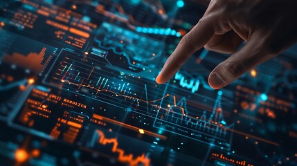 A finger points at a glowing data screen, analyzing trends and patterns with futuristic technology.