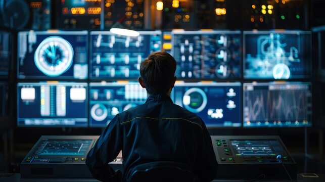 Expert engineer vigilantly monitors advanced dashboard in dim control room, analyzing industrial machinery data and forecasts. - Powered by Adobe
