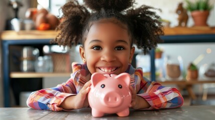Obraz premium Happy little child holding a pink piggy bank