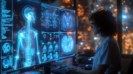 A female radiologist reviews holographic images of a human skeleton and brain scans on a large screen.